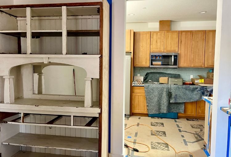 a salvaged antique hutch and modern kitchen at 4th and Reed