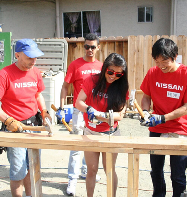 Corporate volunteers work at construction site