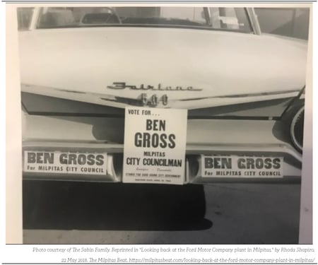 Ben Gross's car parked at Ford in 1962. Photo courtesy of The Sabin Family. Reprinted in "Looking back at the Ford Motor Company plant in Milpitas," by Rhoda Shapiro, 22 May 2018. The Milpitas Beat, https://milpitasbeat.com/looking-back-at-the-ford-motor-company-plant-in-milpitas/. 