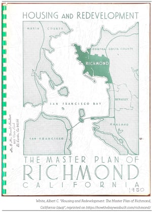 Thousands of Black residents were displaced under the auspices of "urban renewal." White, Albert C. "Housing and Redevelopment: The Master Plan of Richmond, California (1949)." How the Bay Was Built: Richmond. Madrigal, Alexis, https://howthebaywasbuilt.com/richmond/.