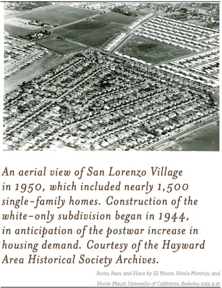 San Lorenzo Village was one of a number of Whites-only developments built to meet postwar housing demand. From the Hayward Area Historical Society Archives, printed in Roots, Race, and Place, by Eli Moore, Nicole Montojo, and Nicole Mauri. University of California, Berkeley, 2019, p. 35.